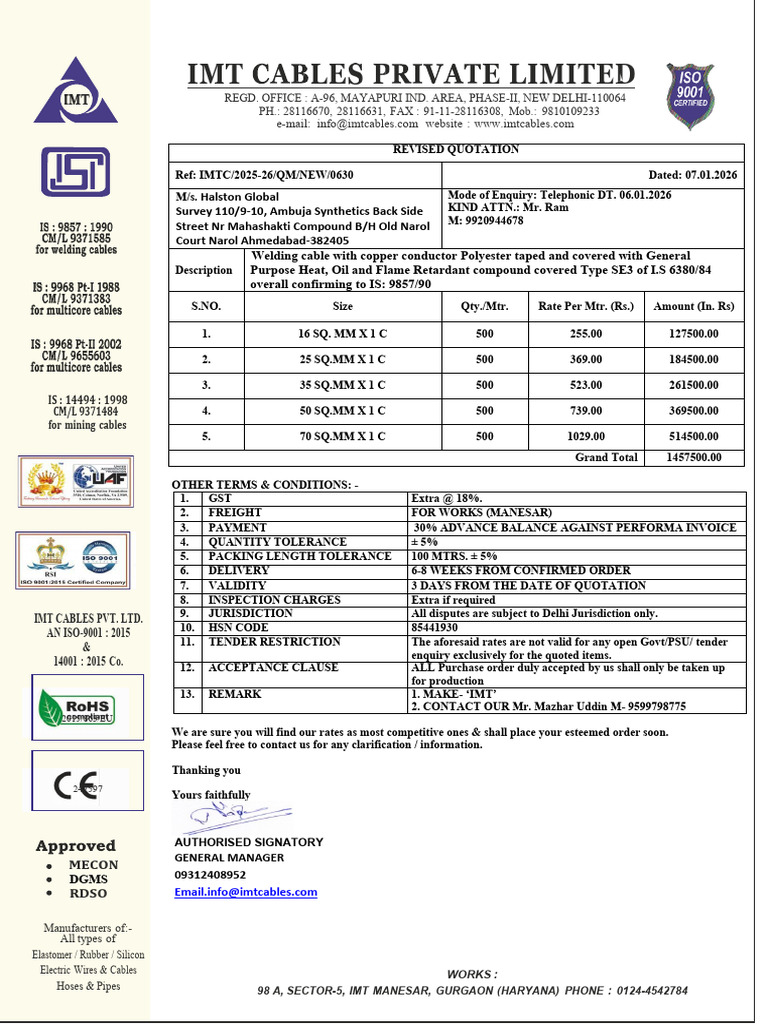 IMT Cables Quotation for Welding Cables | PDF | Materials