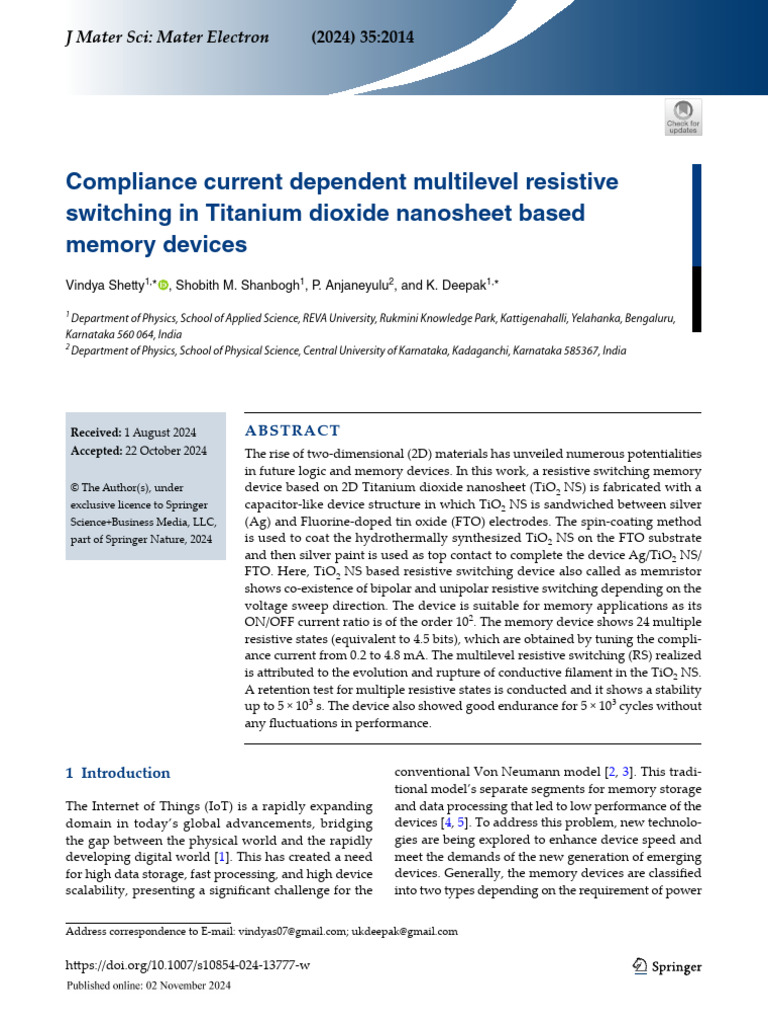Multilevel Resistive Switching in TiO2 Memristors | PDF | Computer ...