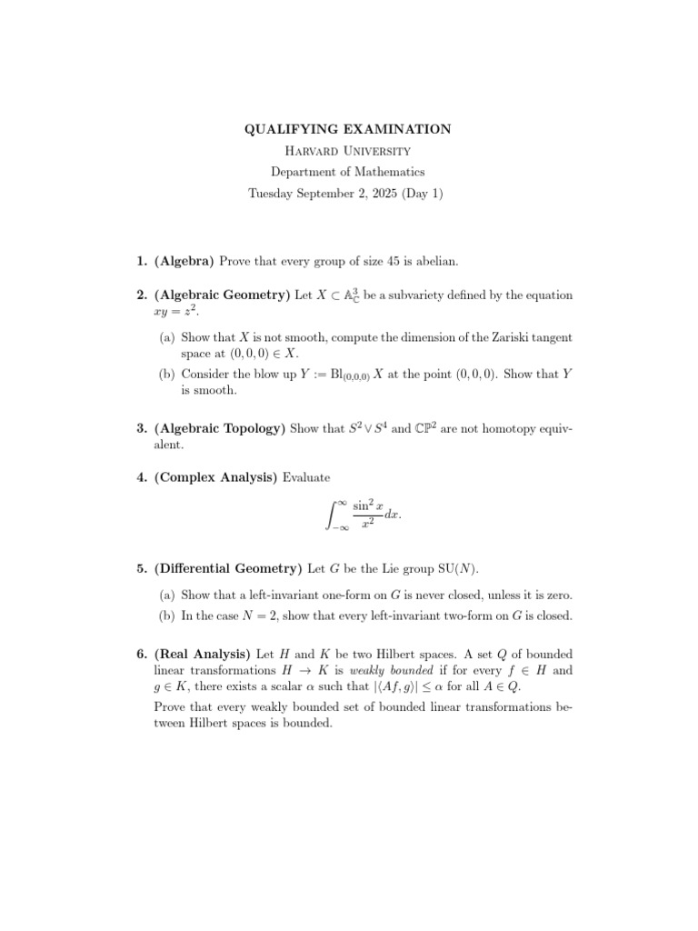 Harvard Math Qualifying Exam 2025 | PDF | Geometry | Algebra
