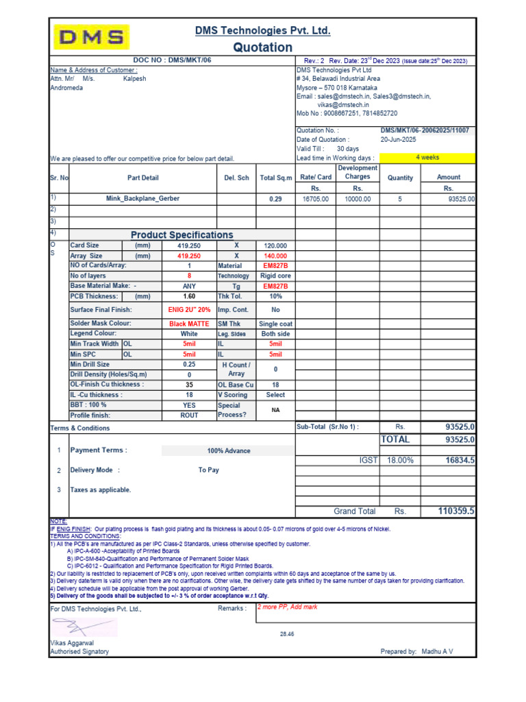 DMS Technologies Quotation for PCB Services | PDF | Printed Circuit Board