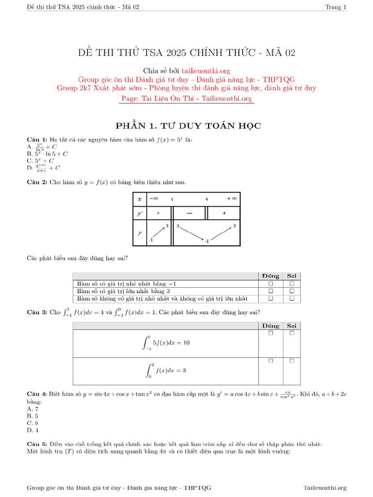 Đề Thi Thử Tsa 2025 Chính Thức Hust - Mã 02.PDF - Google Drive | PDF