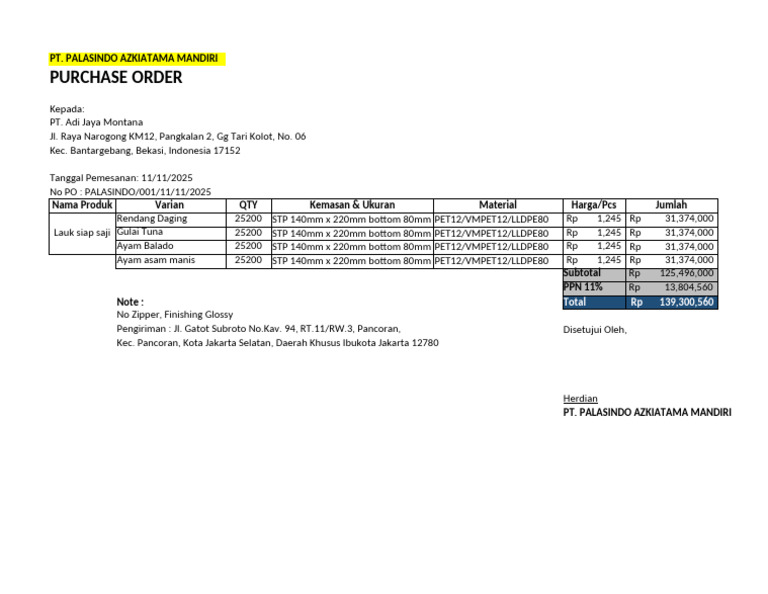 Purchase Order for Ready-to-Eat Meals | PDF