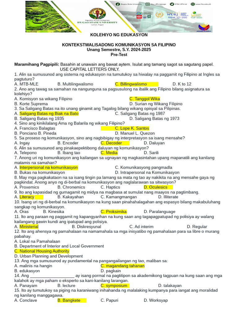 PRE TEST Aswer Key | PDF