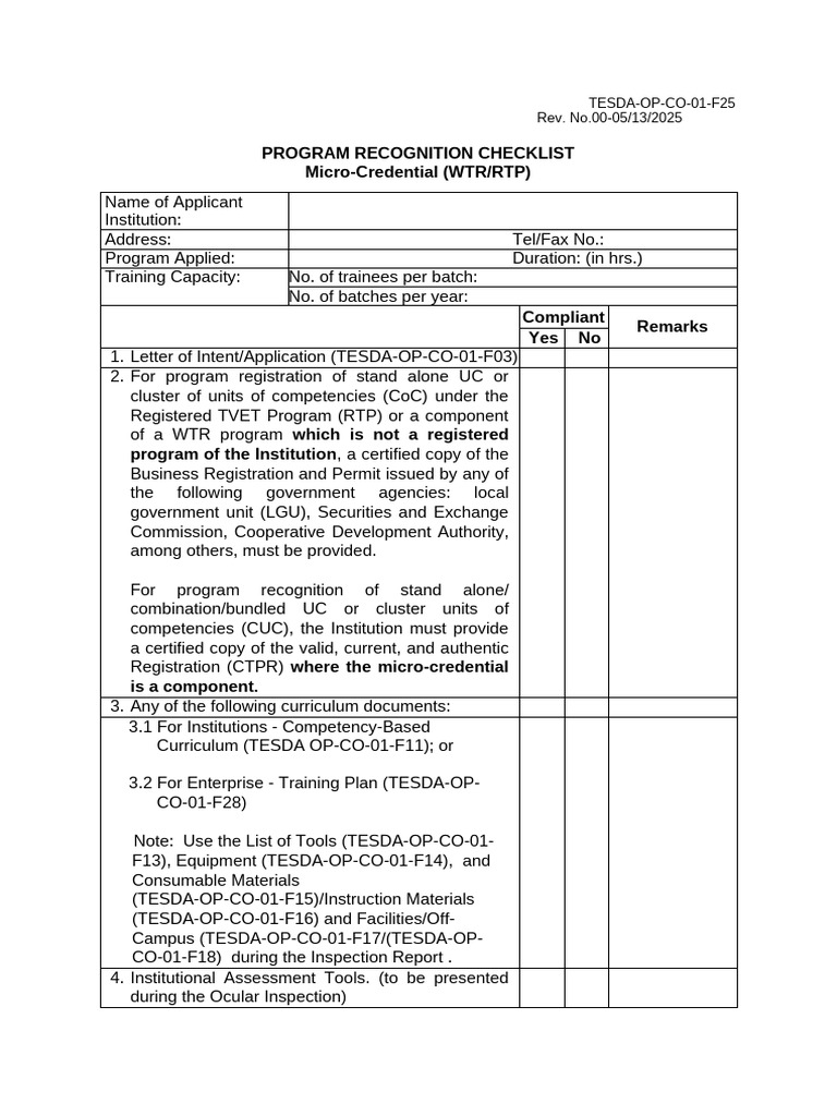 Tesda Op Co 01 f25 Program Recognition Checklist | PDF