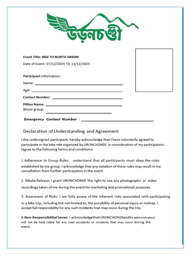 North Sikkim Bike Ride Registration Form | PDF | Safety