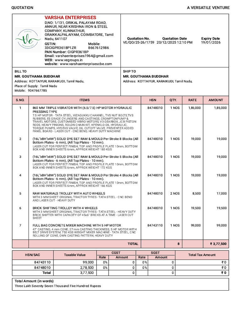 Varsha Enterprises Quotation 2025-26 | PDF | Mechanical Engineering