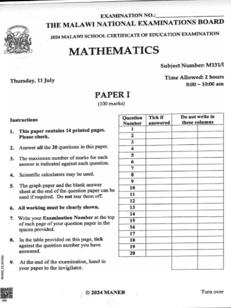 Mathematics Maneb 2024 | PDF