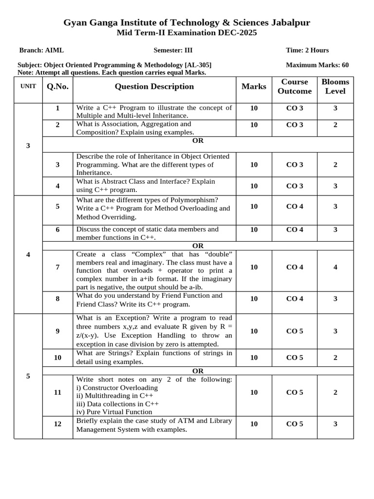Aiml III Sem Oopm Midterm II Paper Dec 2025 | PDF | Method (Computer ...