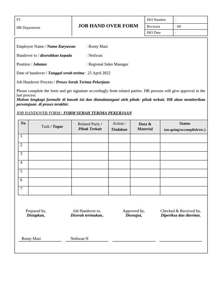 Job Handover Form for HR Process | PDF