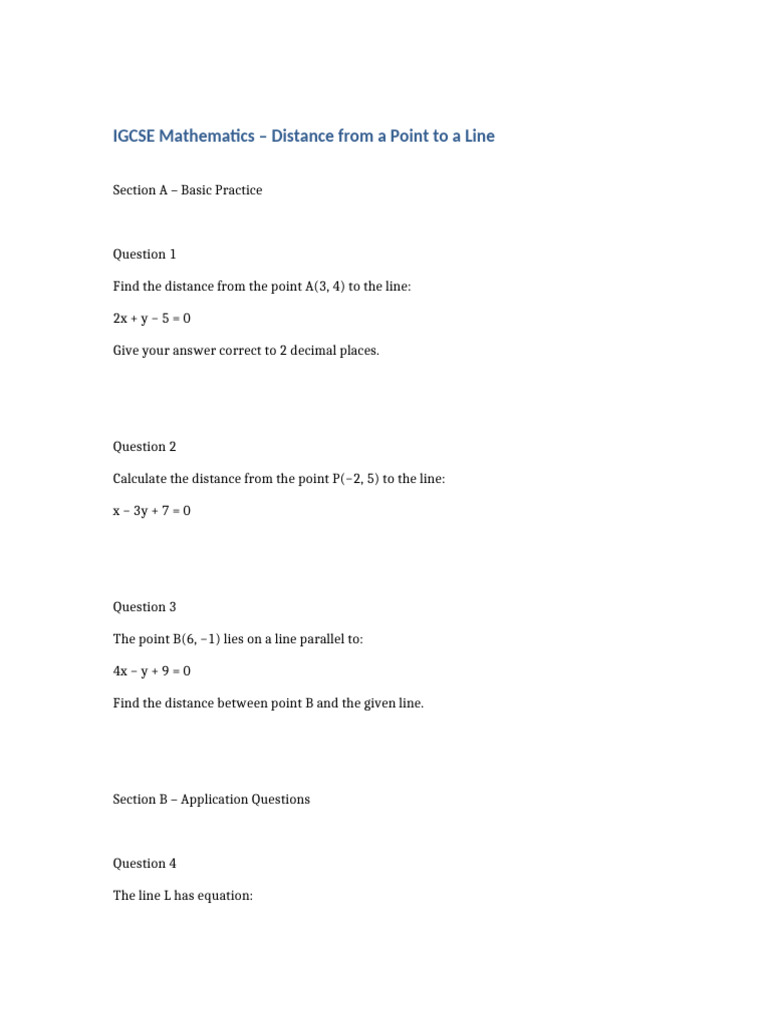 Distance from Point to Line in IGCSE Math | PDF