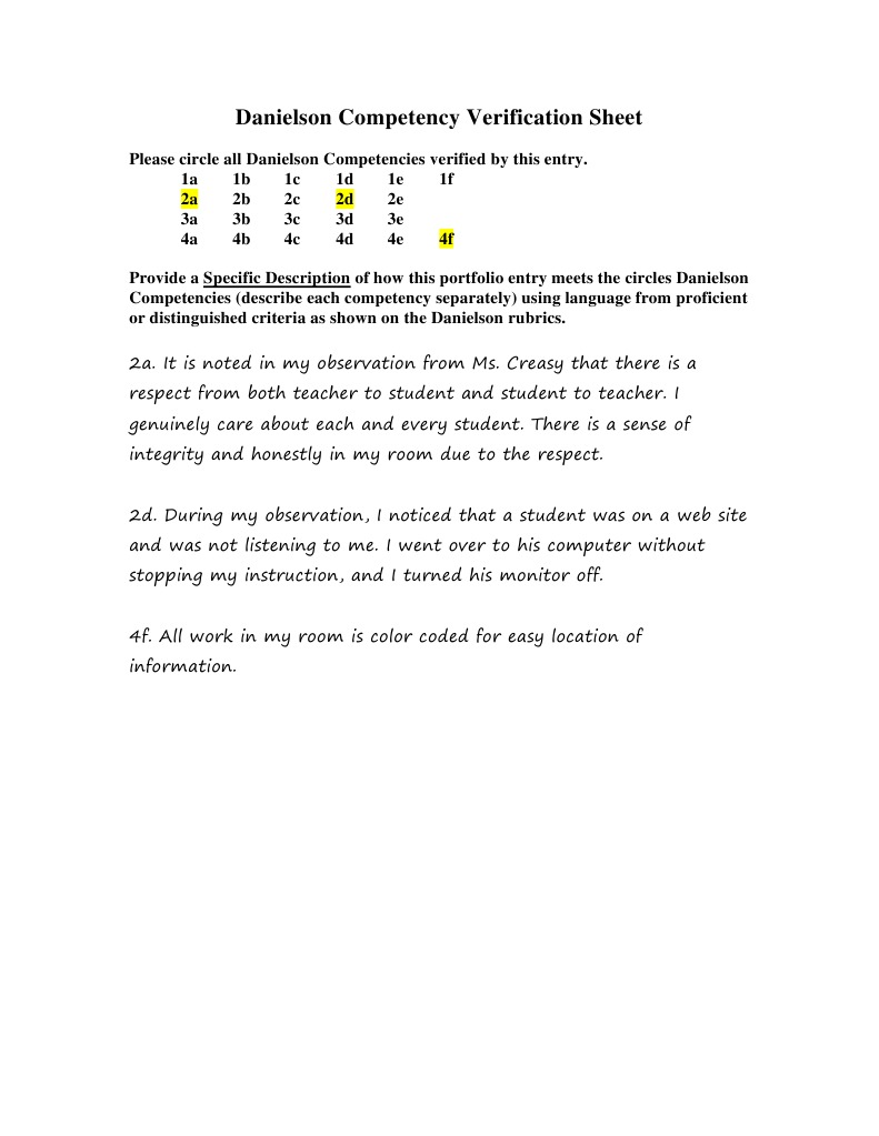 Danielson Competency Verification Sheet Folder12 | PDF