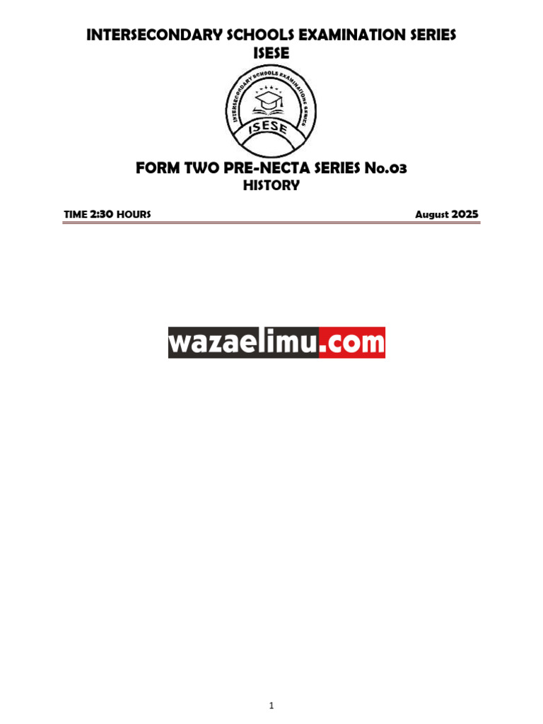 Form Two History Exam Paper 2025 | PDF