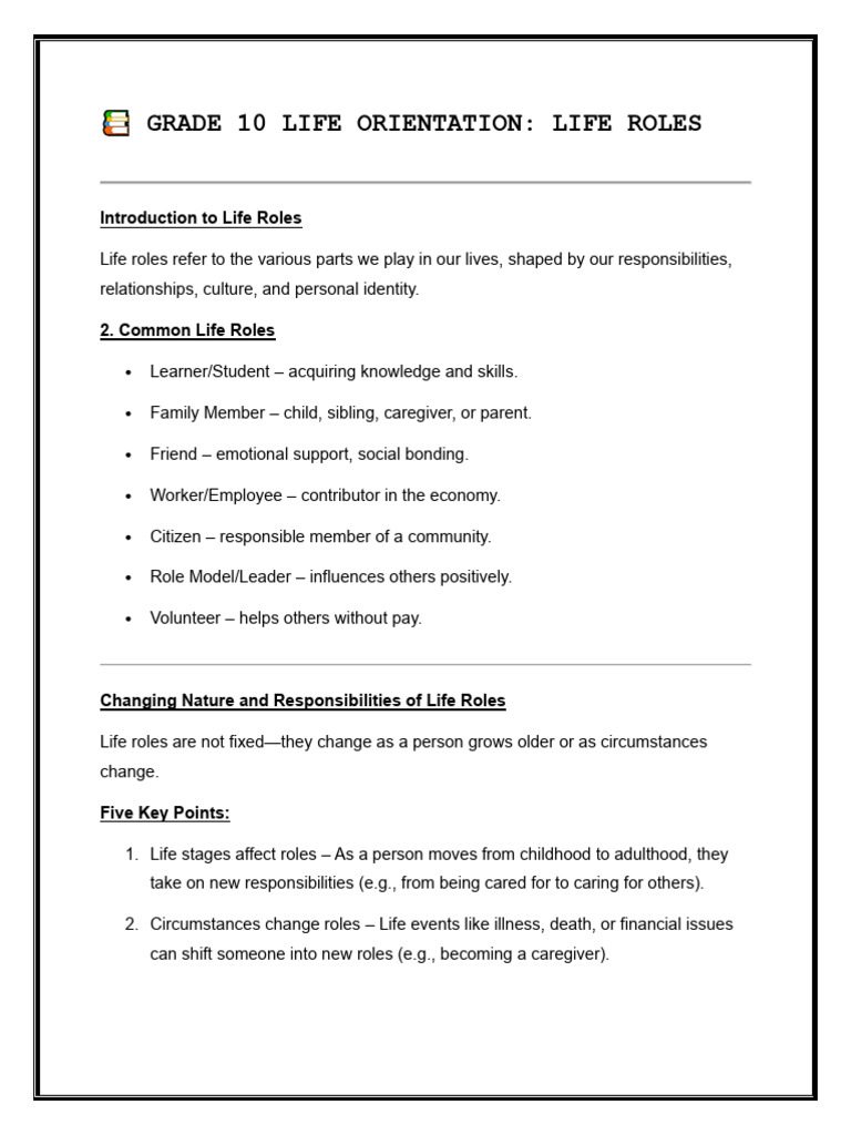 Understanding Life Roles in Grade 10 | PDF | Family | Friendship