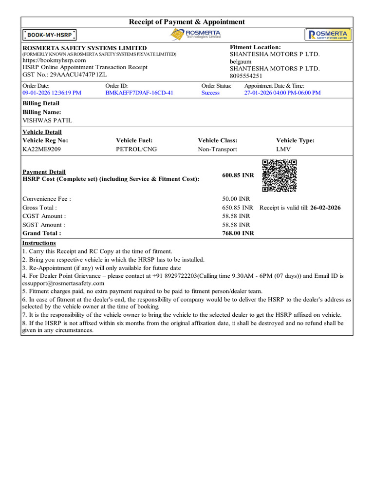 HSRP Payment Receipt & Appointment Details | PDF