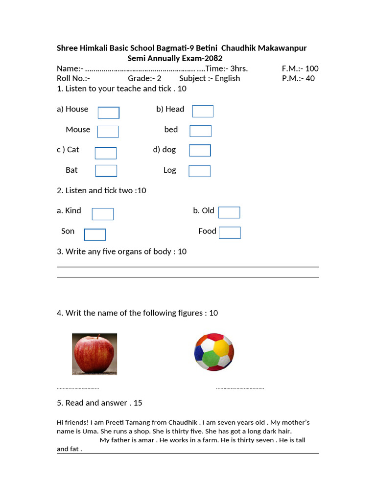 Grade 2 English Exam Paper 2082 | PDF