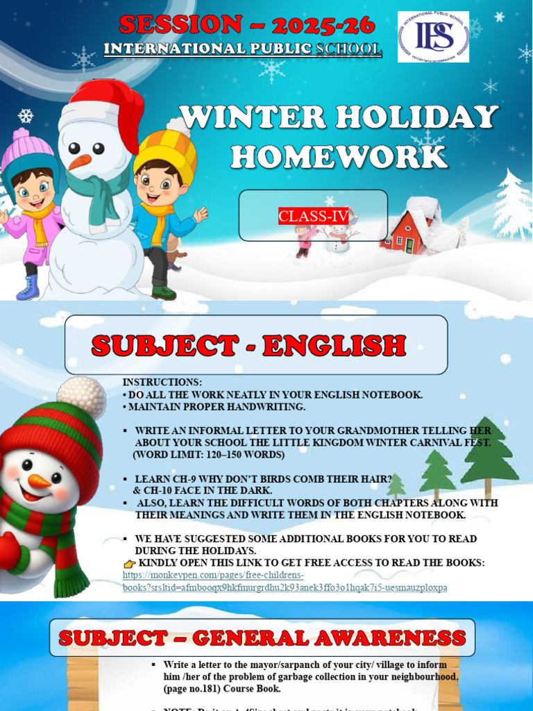 Class IV Winter Holiday Homework Guide | PDF