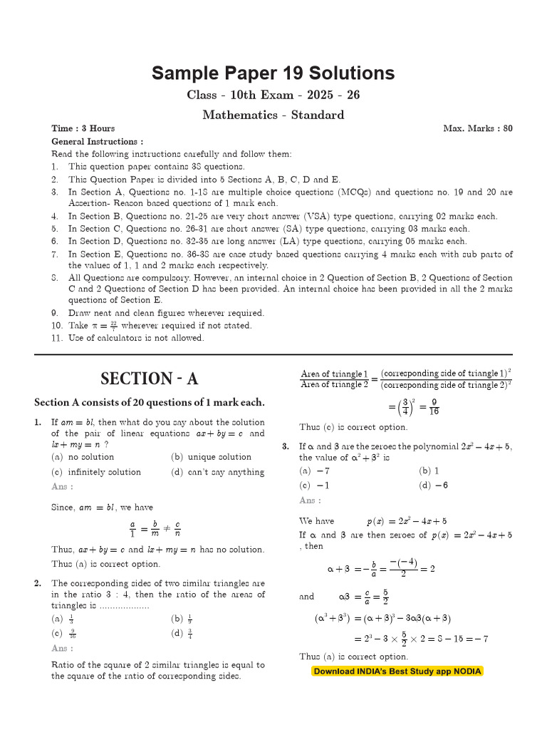 CBSE Class 10 Math Sample Paper 19 Solutions | PDF | Area | Circle