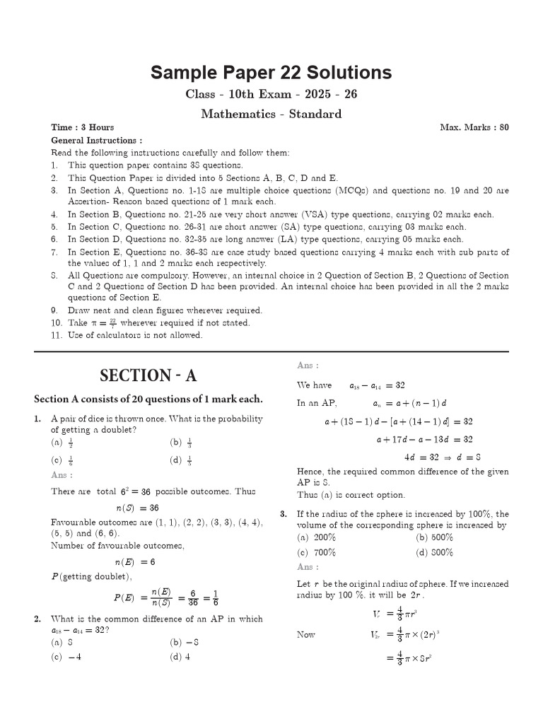 CBSE Class 10 Math Sample Paper 22 Solutions | PDF | Zero Of A Function ...