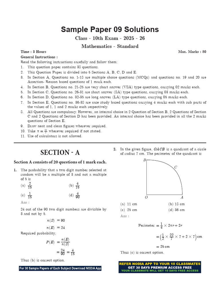 CBSE Class 10 Math Sample Paper 09 Solutions | PDF | Circle | Area