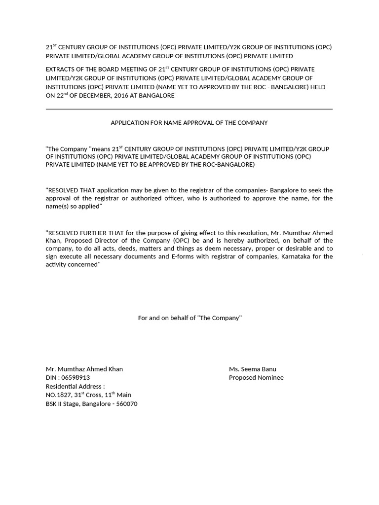 Board Resolution - Name Approval | PDF