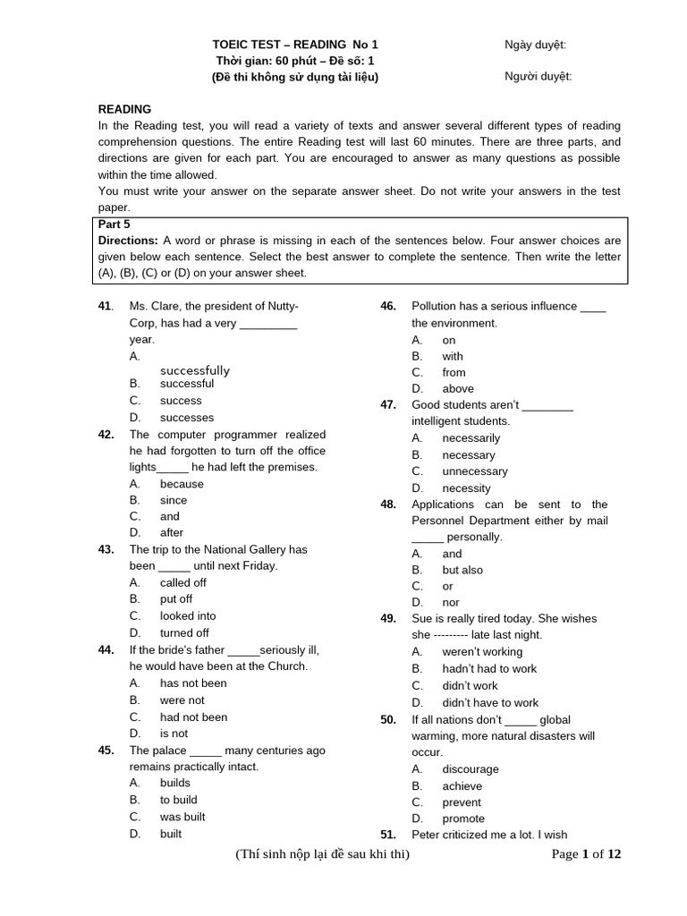 TOEIC Reading Test Sample Questions | PDF