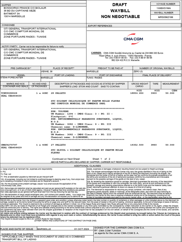 Hazardous Cargo Waybill Details | PDF | Cargo | Bill Of Lading