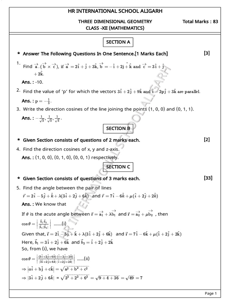 Class XII Mathematics: 3D Geometry Exam | PDF | Line (Geometry ...