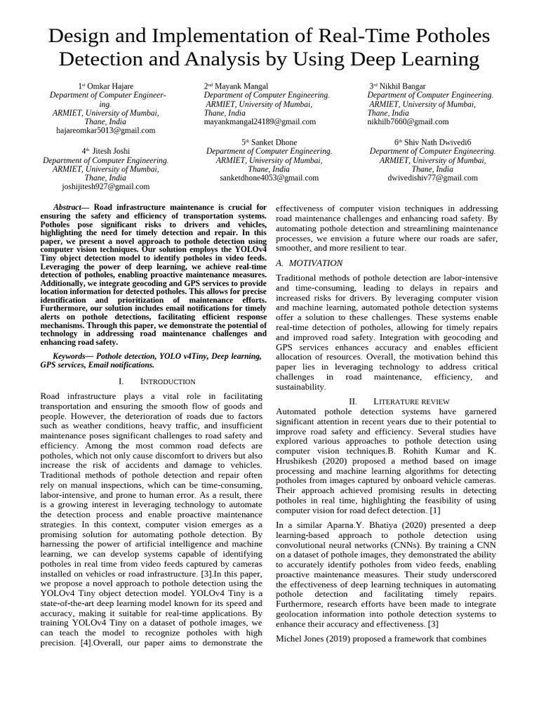 Real-Time Pothole Detection with Deep Learning | PDF | Computer Vision ...