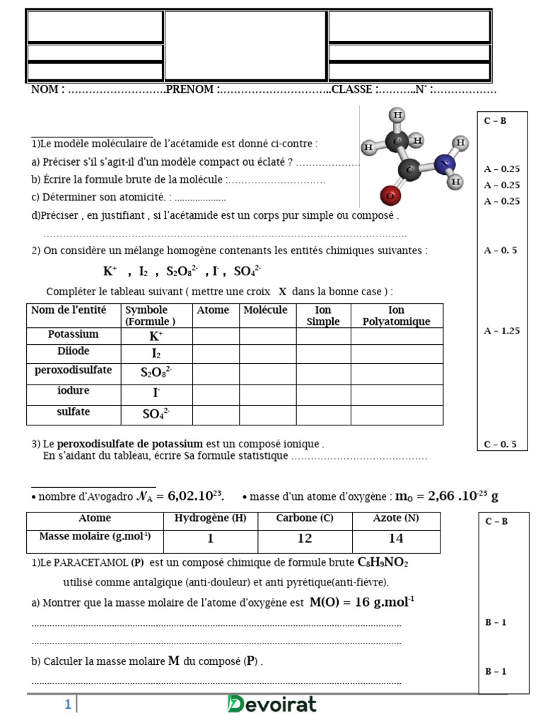 Devoir de synthèse en chimie et physique | PDF | Chimie | Atomes