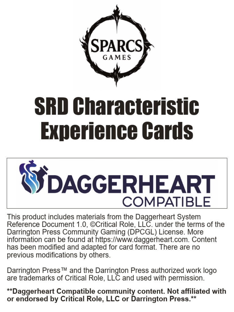 Print-N-Play File DH Experience Cards-Characteristic | PDF
