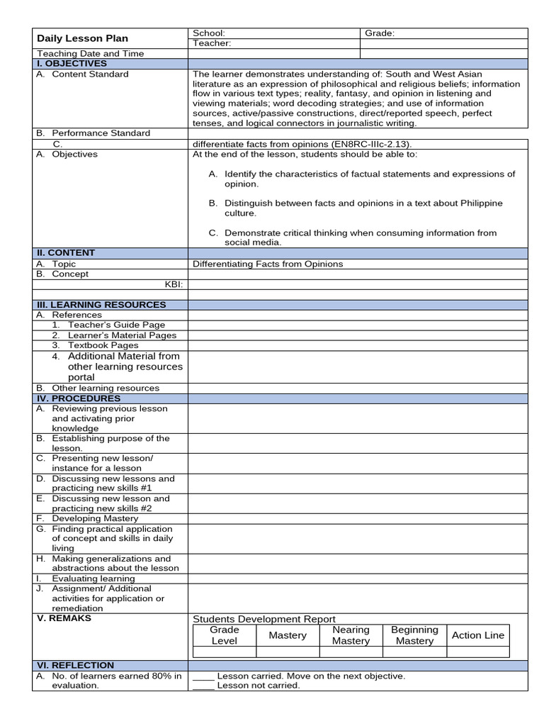 Sample Format Daily Lesson Plan Adapted From DepEd | PDF | Learning ...