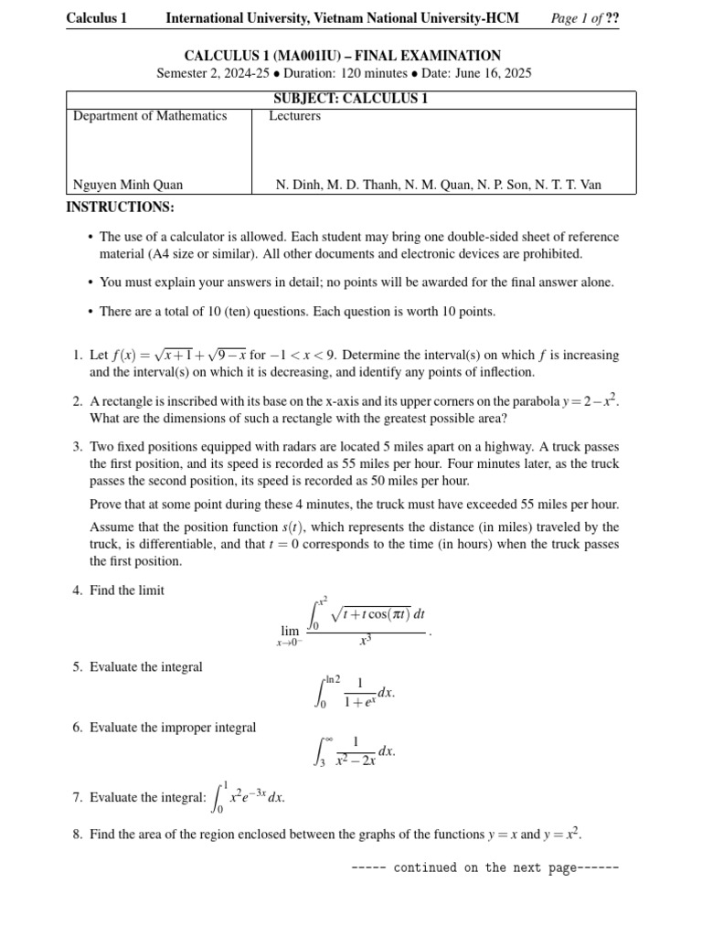 Calculus 1 Final Exam Questions | PDF | Vietnam