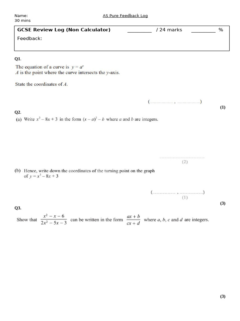 GCSE Non-Calculator Feedback Log | PDF