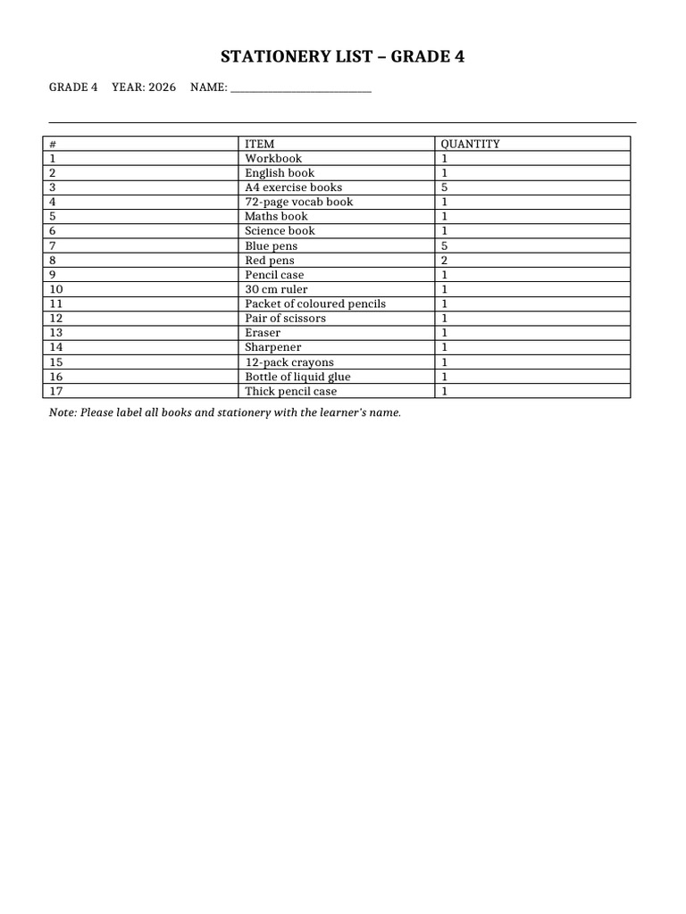 Grade 4 Stationery List 2026 | PDF