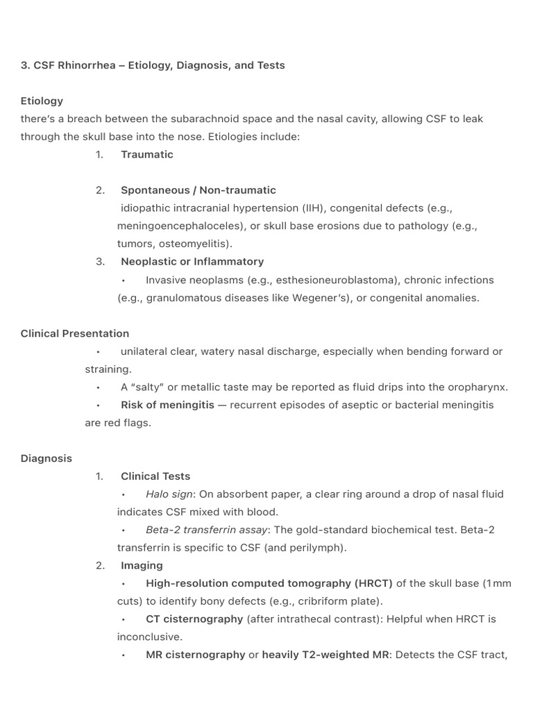CSF Rhinorrhea: Causes, Diagnosis & Management | PDF | Ear | Auditory ...