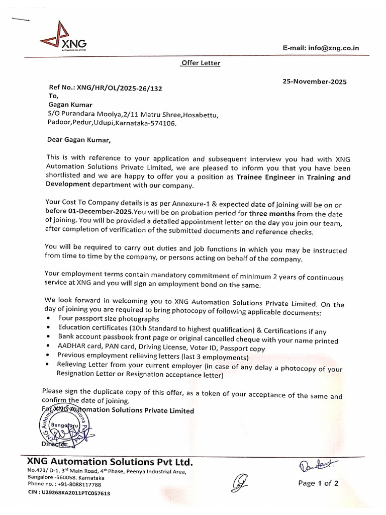 Mr. Gagan Kumar - Offer Letter | PDF
