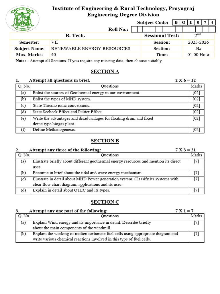 Renewable Energy Resources Test 2025-26 | PDF | Sustainable ...