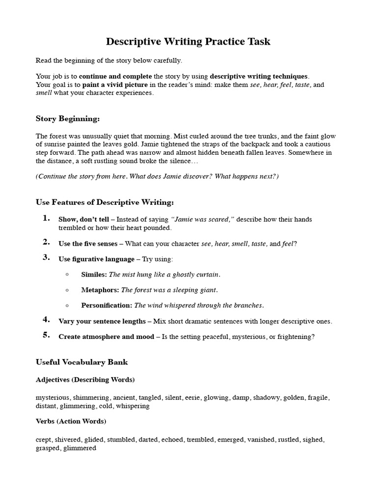 Descriptive Writing Story Prompt | PDF | Linguistics
