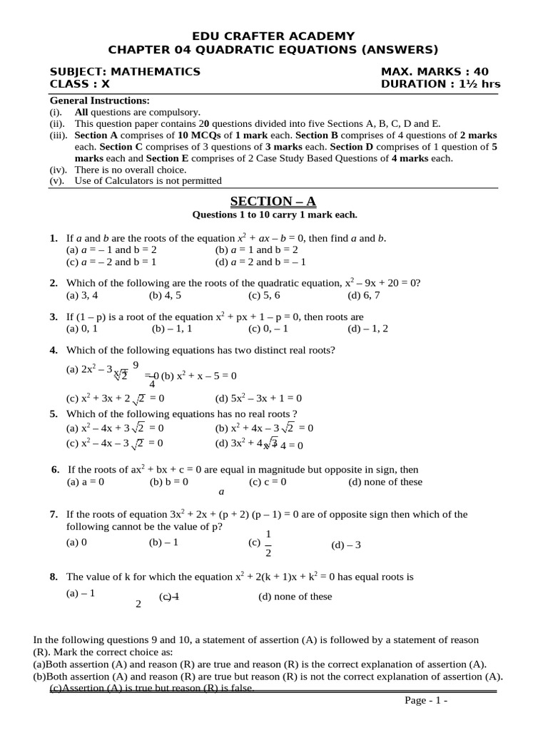 Quadratic Equations Answers for Class X | PDF | Mathematics | Algebra