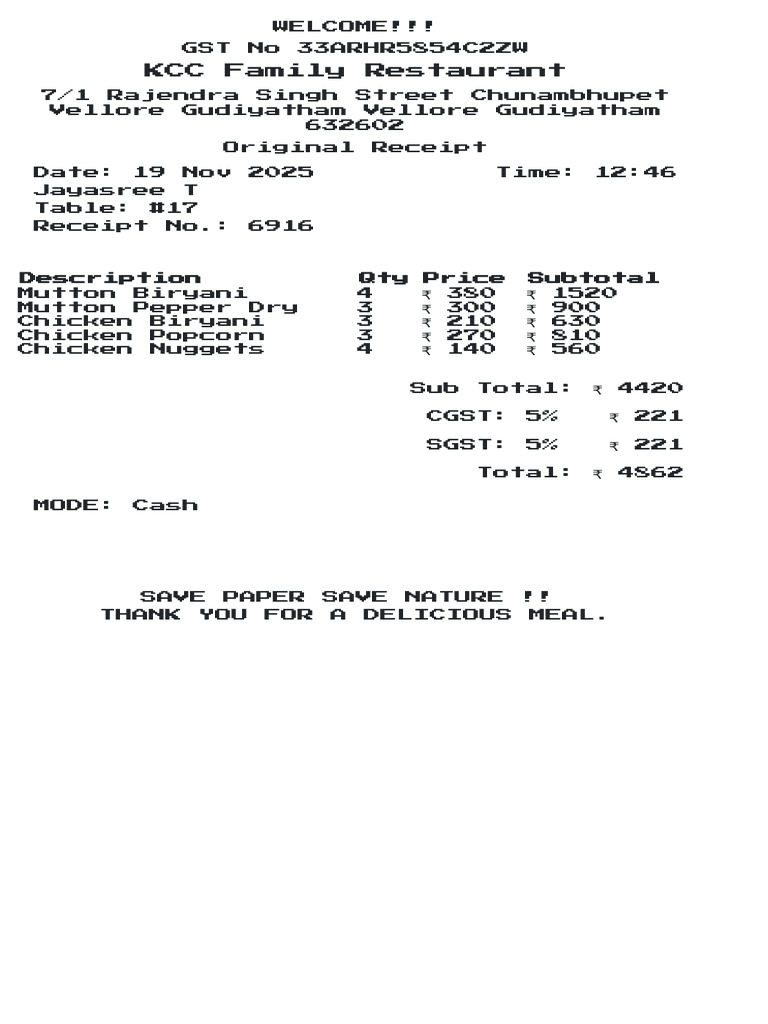 KCC Family Restaurant Receipt Details | PDF