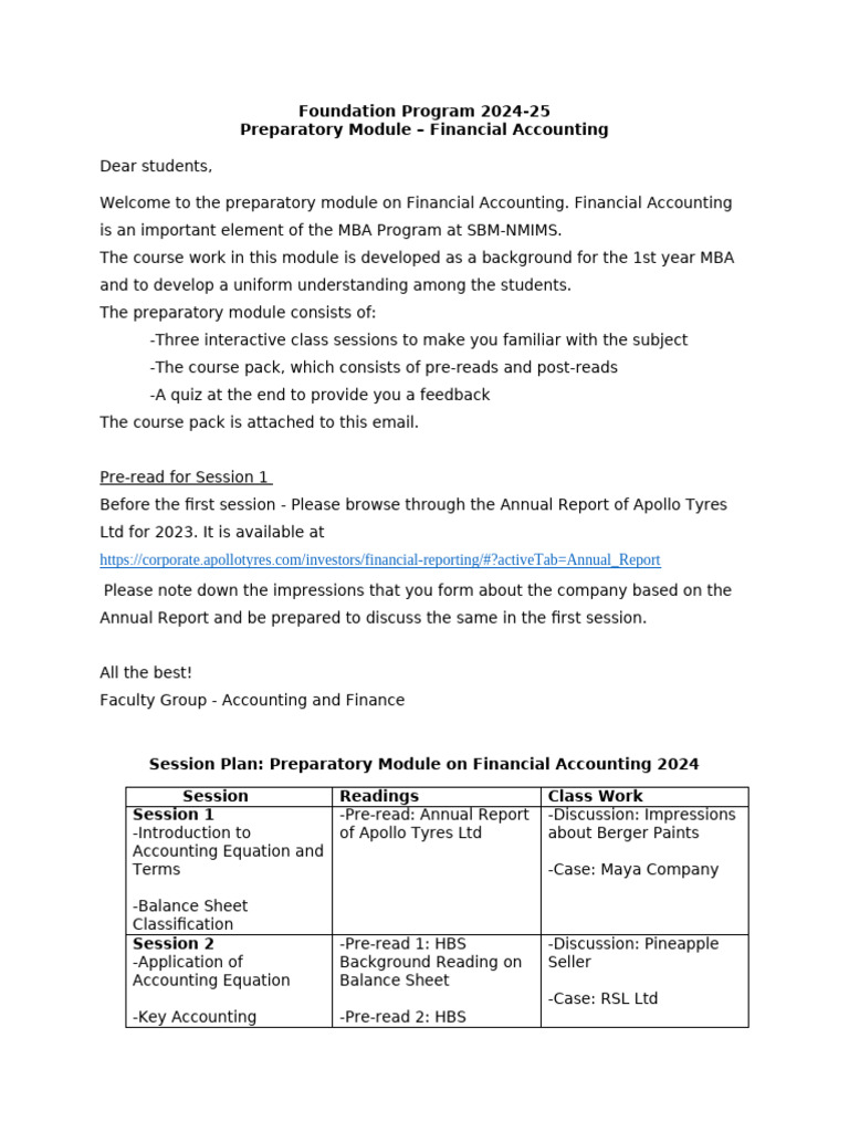 Preparatory Module on Accounting 2024 - Session Plan | PDF | Financial ...