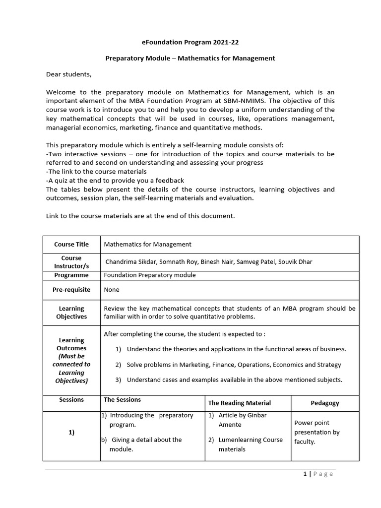 Mathematics for Management Prep Module | PDF | Matrix (Mathematics ...