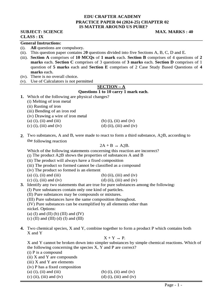 Class IX Science: Pure Matter Practice Paper | PDF | Solubility ...