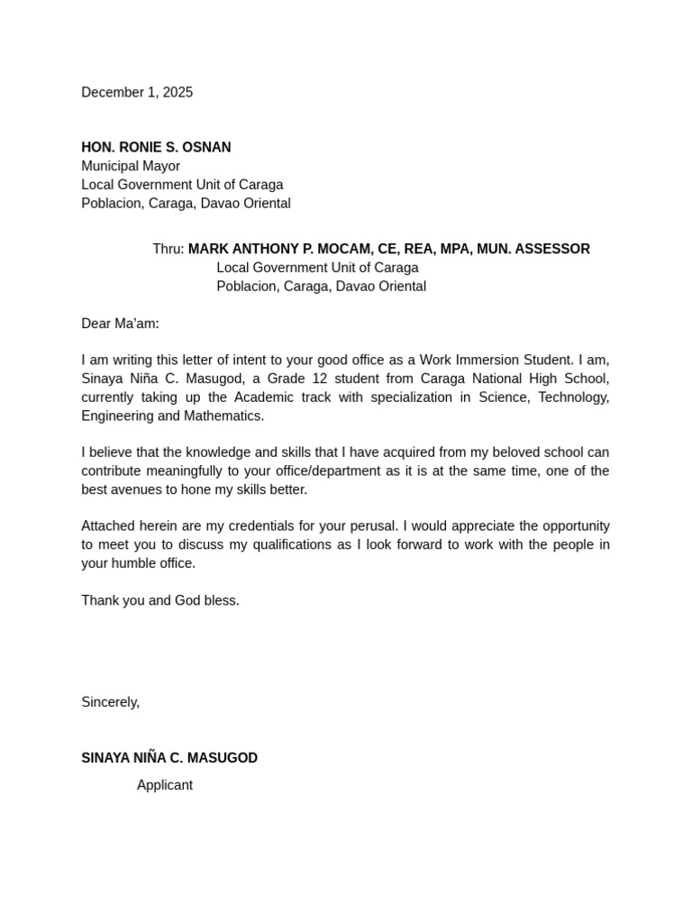 Work Immersion Application Letter | PDF