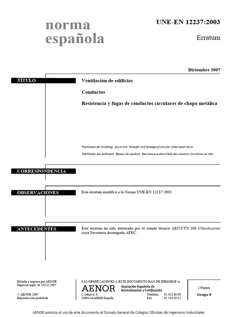 Erratum UNE-EN 12237:2003 Conductos | PDF