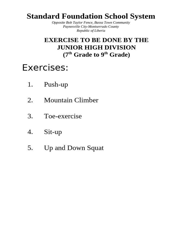 Junior High & Elementary Exercise Guide | PDF