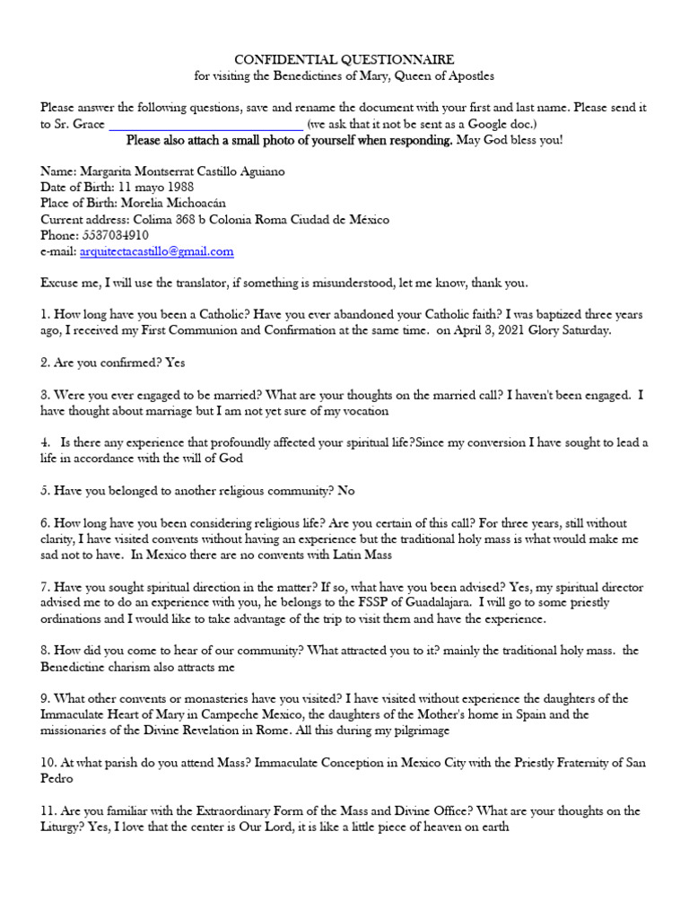 Benedictine Vocations Questionnaire | PDF | Catholic Church