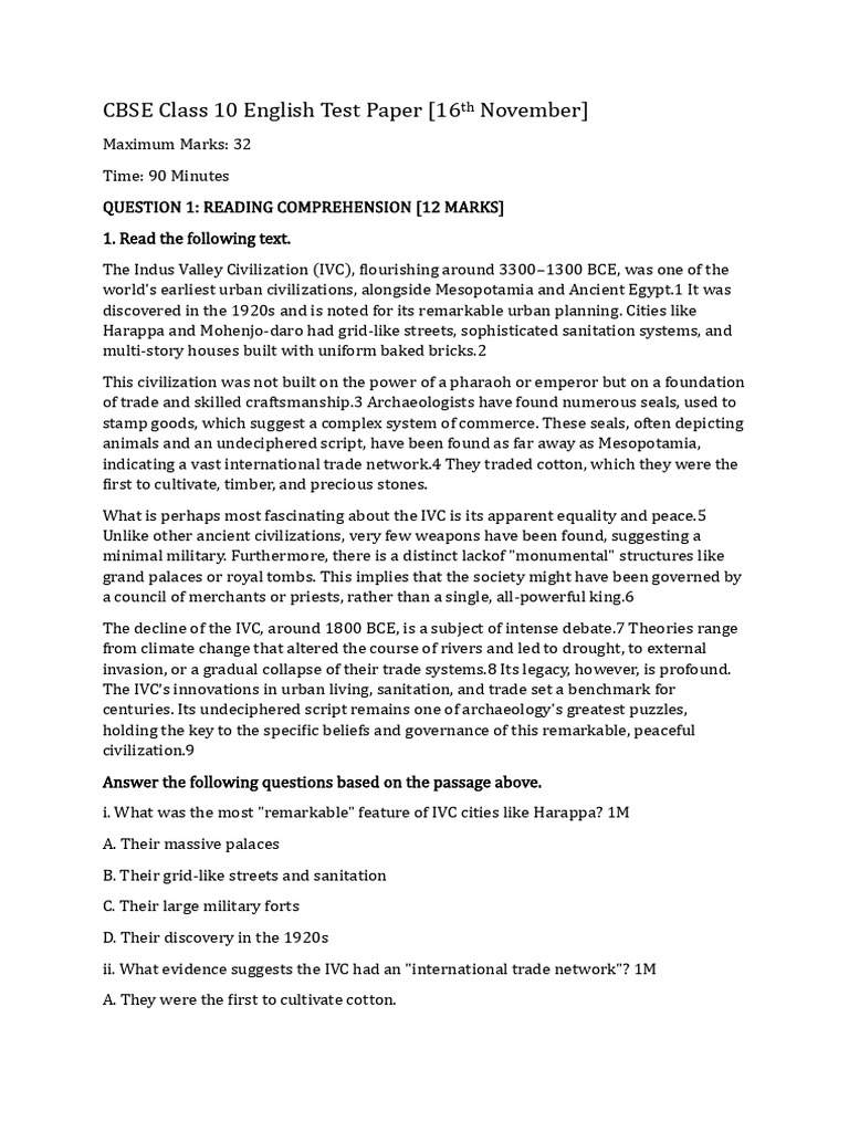 CBSE Class 10 English Test Paper | PDF