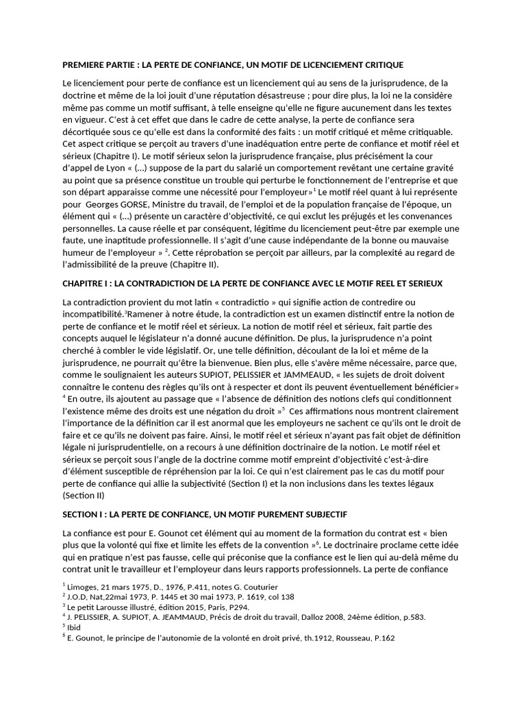 Perte De Confiance Licenciement