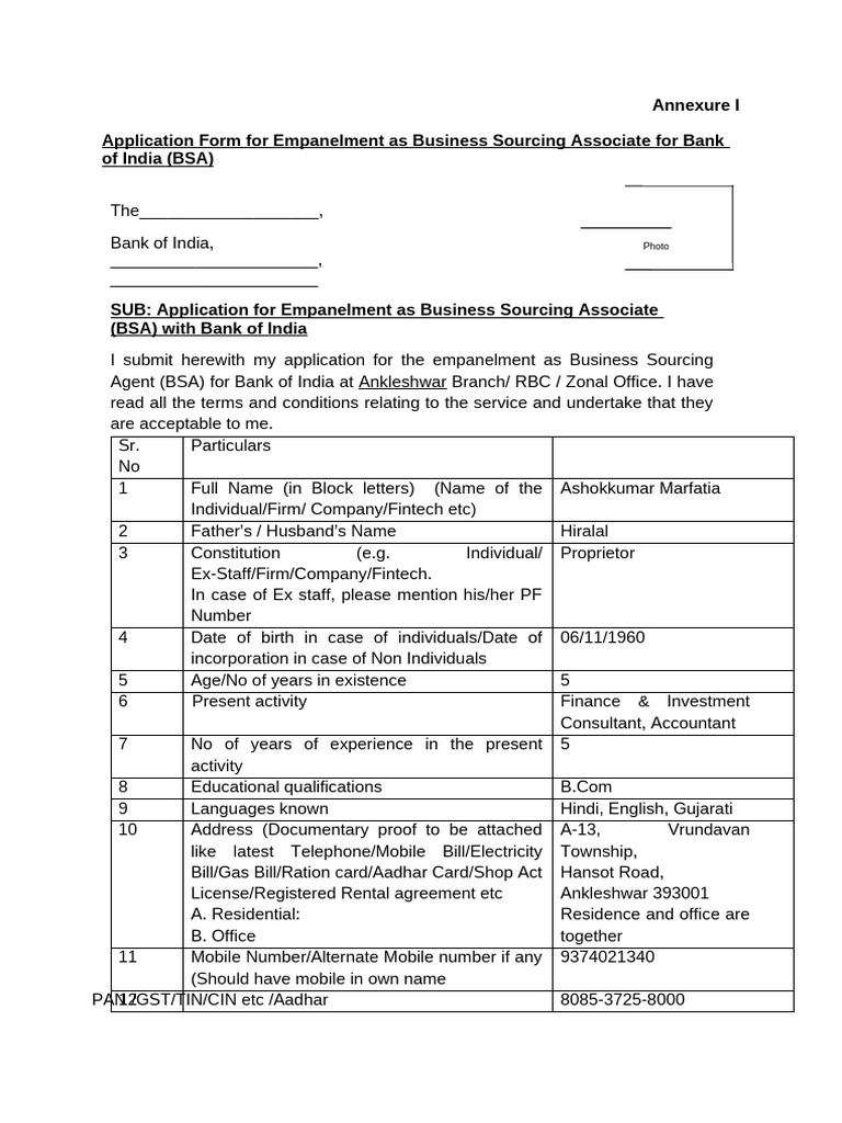 Bank of India BSA Application Form | PDF